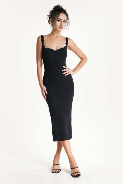 Black Faux-Pearl Trim Sweetheart Neck Knit Bodycon Midi Dress