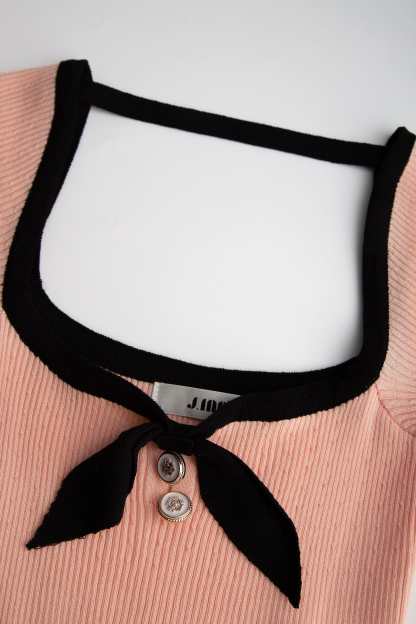Pink Contrast Trim Bow Detail Rib-Knit Bodycon Mini Dress