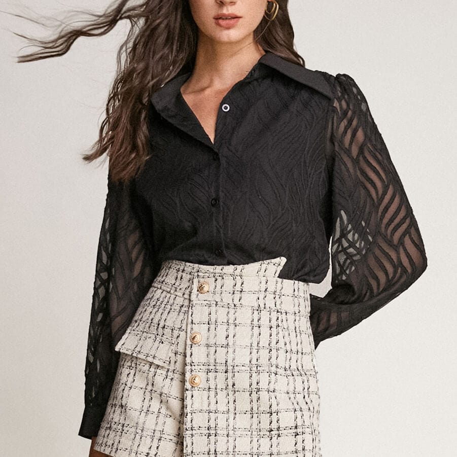 Black Pointed Collar Textured Mesh Shirt