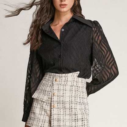Black Pointed Collar Textured Mesh Shirt