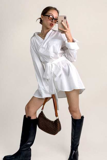 White Wrap-Effect Tie Waist Button-Up Mini Shirt Dress