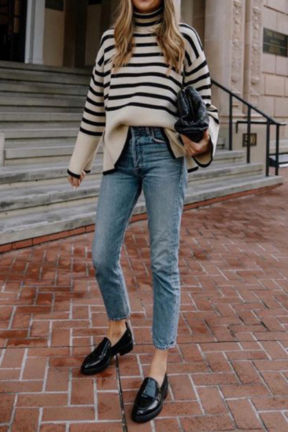 White Roll Neck Striped Ribbed Pullover Sweater