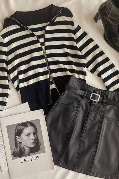Black And White Striped Wool-Blend Collared Zip-Up Cardigan