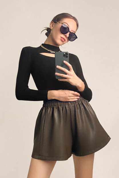 Black Mock Neck Front Cut Out Ribbed Knit Sweater