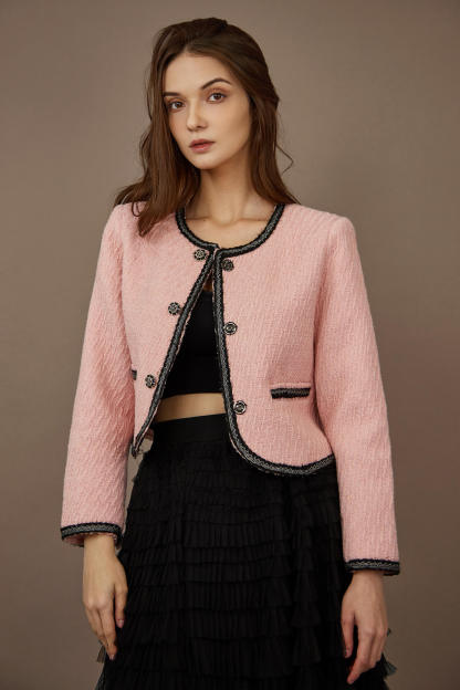 Pink Contrast Trim Tweed Jacket