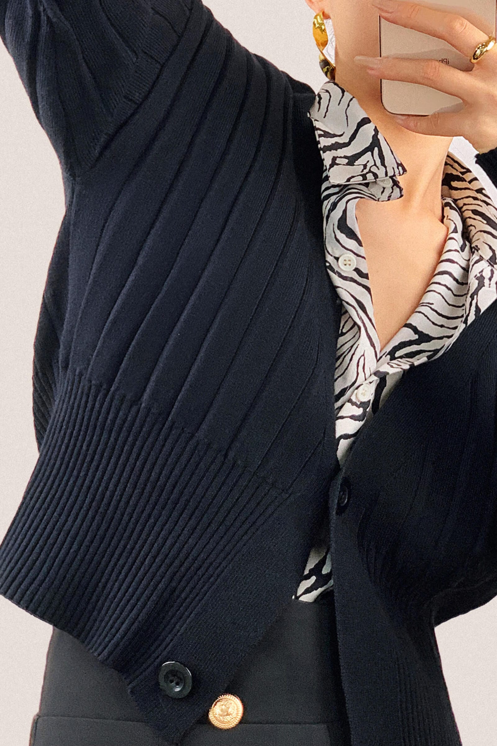 Black Plunge V-Neck Ribbed Knit Cardigan