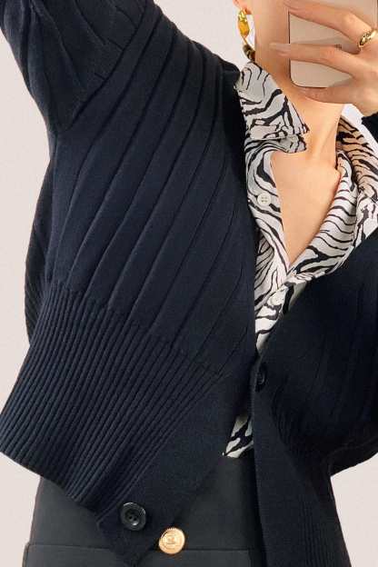 Black Plunge V-Neck Ribbed Knit Cardigan