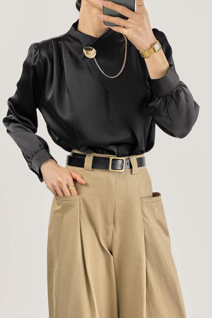 Black Mock Neck Ornamental Lantern Sleeve Blouse
