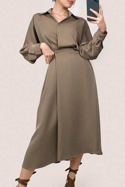 Brown Surplice Pleat Detail A-Line Maxi Shirt Dress