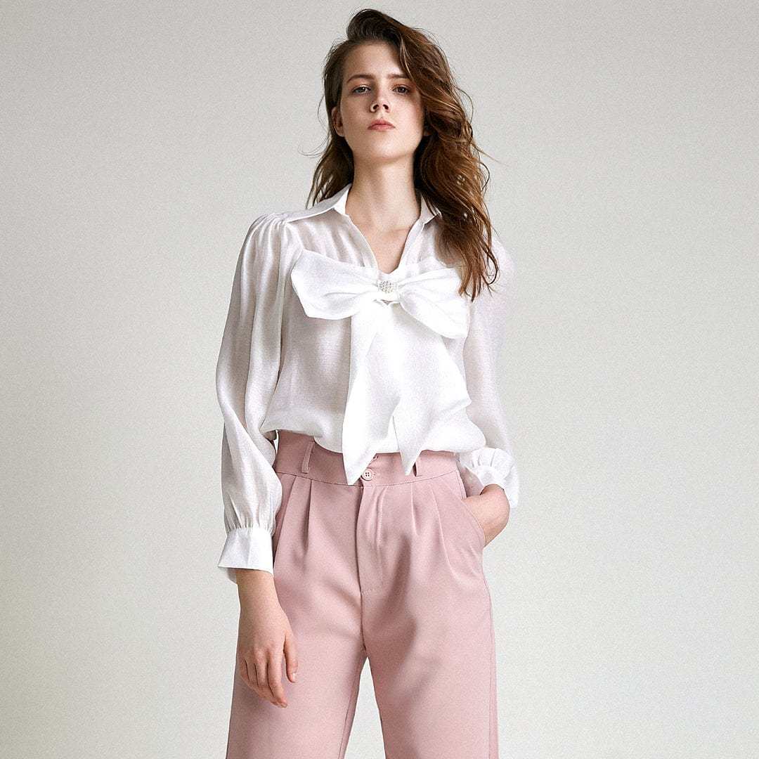 White Bow-Front Collared Blouse
