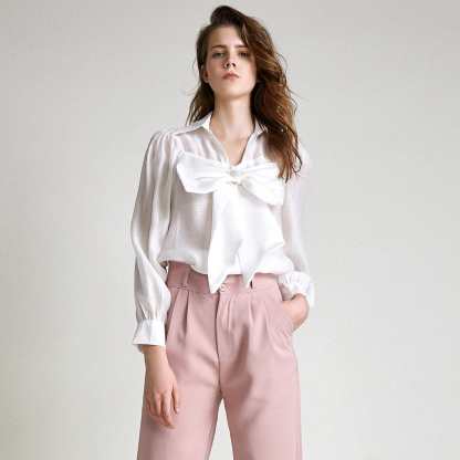 White Bow-Front Collared Blouse