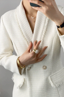 White Shawl Collar Double-Breasted Tweed Blazer