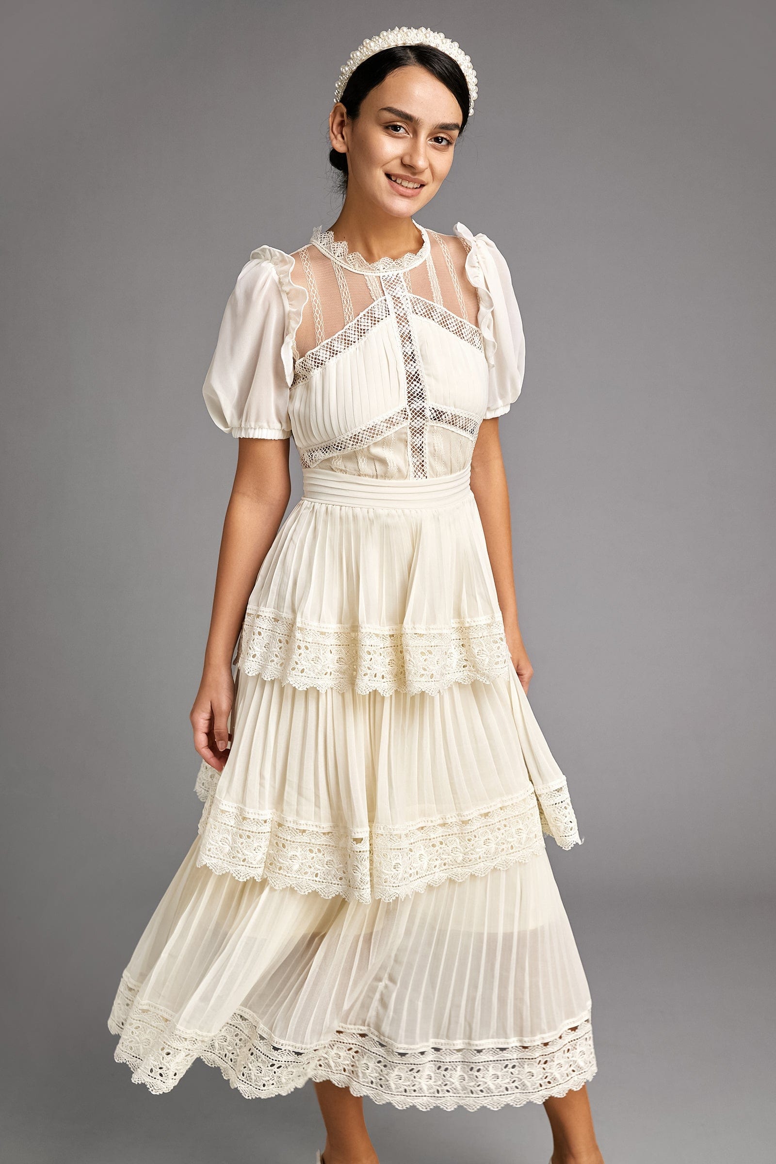 Beige Mesh Lace Trim Pleated Tiered Maxi Dress