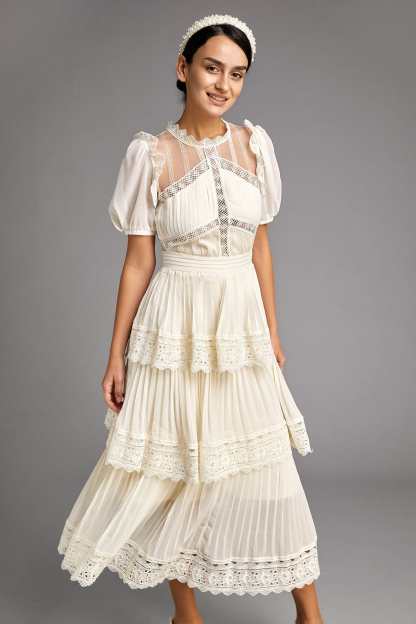 Beige Mesh Lace Trim Pleated Tiered Maxi Dress