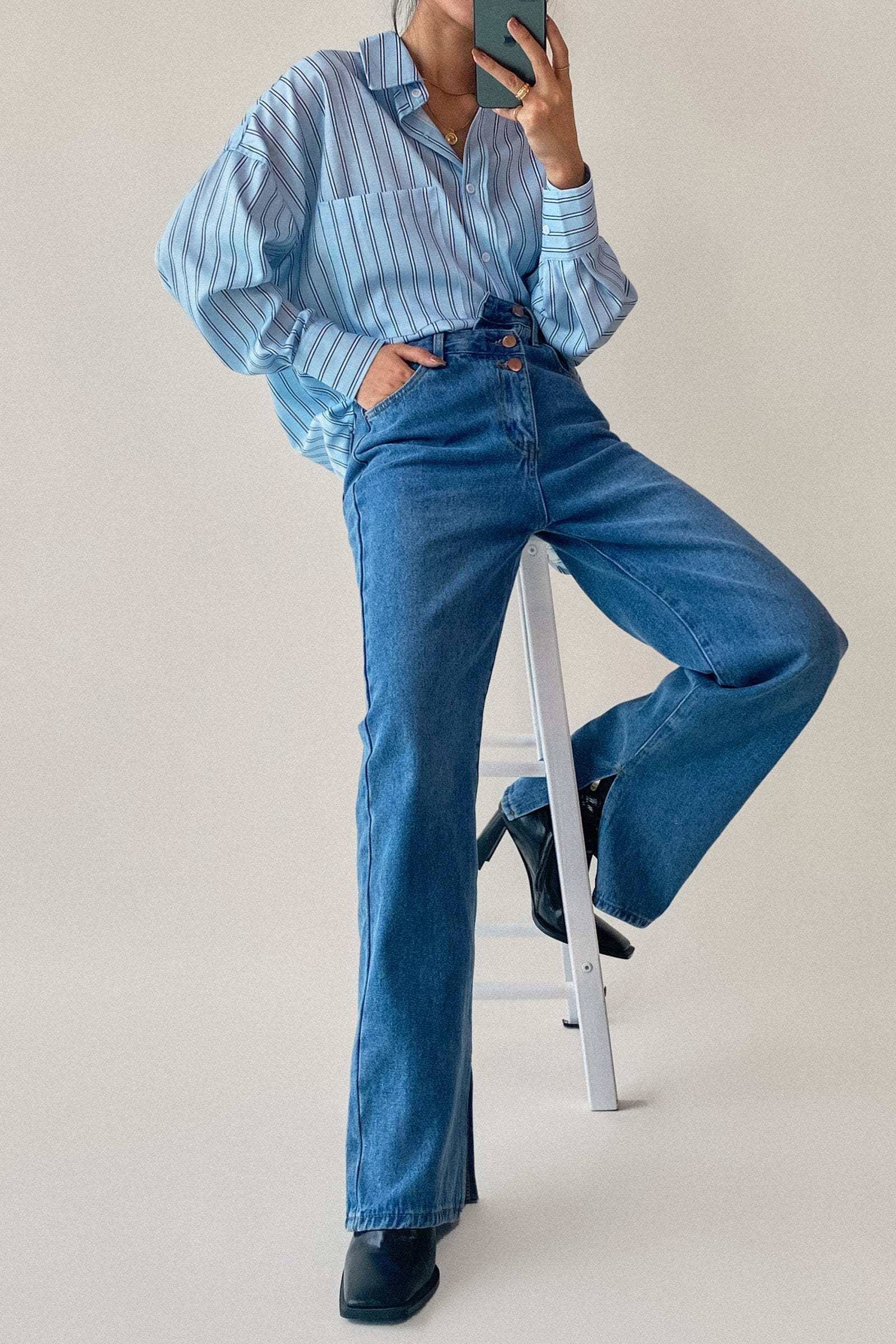 Light Blue Striped Pocket Button-Up Long Sleeve Shirt