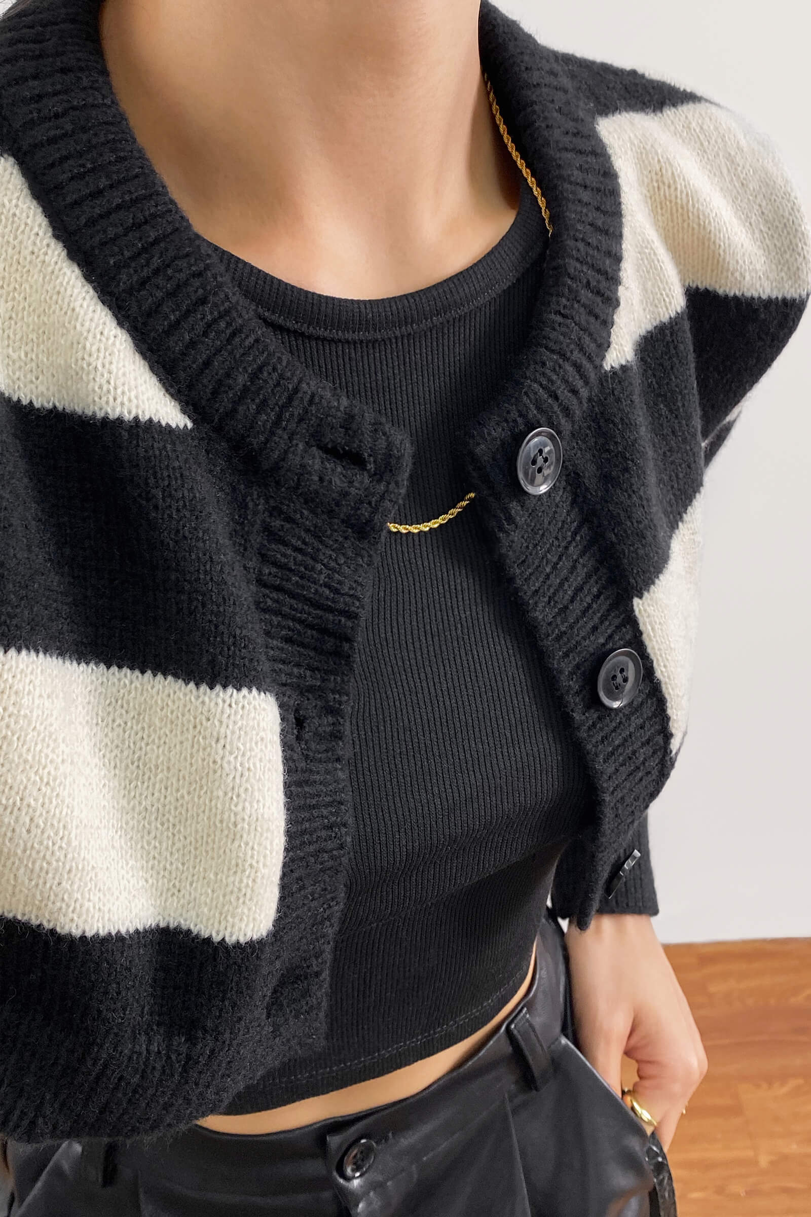 Black And White Striped Super Cropped Cardigan