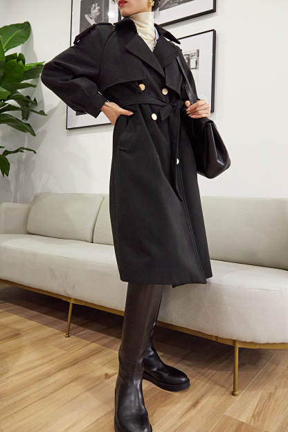 Black Double-Breasted Belted Lapel Collar Longline Coat