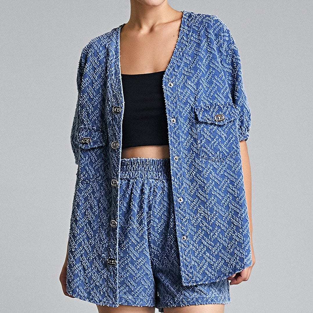 Royal Blue Frayed Denim Longline Button-Up Top & Shorts Two-Piece Set-J.ING