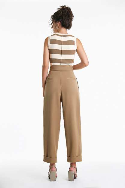 Burly Wood Hook And Loop Pleat Front Turn-Up Hem Suit Pants