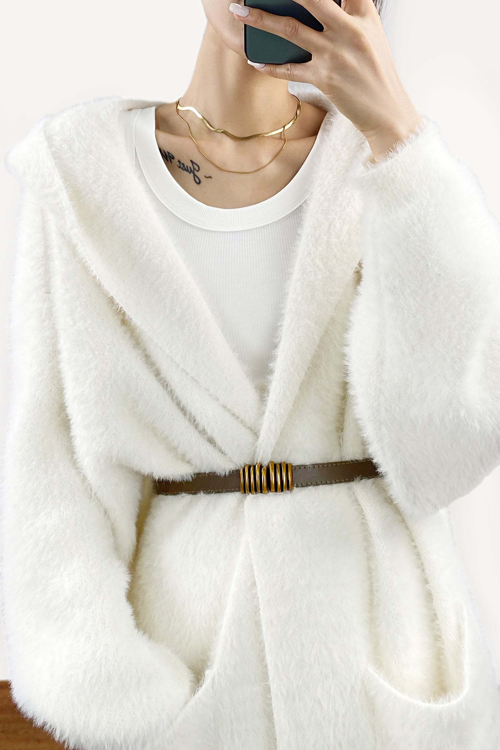 Ivory Faux Fur Open Front Hooded Long Cardigan