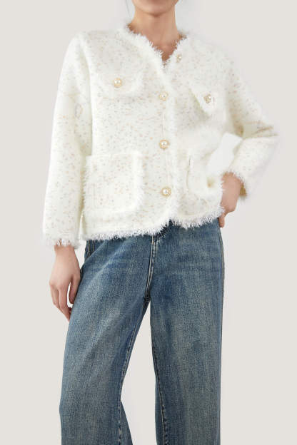 White Patched Pocket Frayed Trim Cardigan