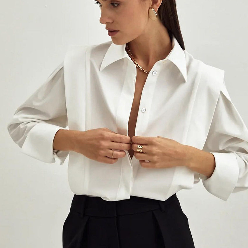 Autumn New Right-Angle Shoulder White Shirt Commuter Temperament Design Sense Niche Long-Sleeved Shirt
