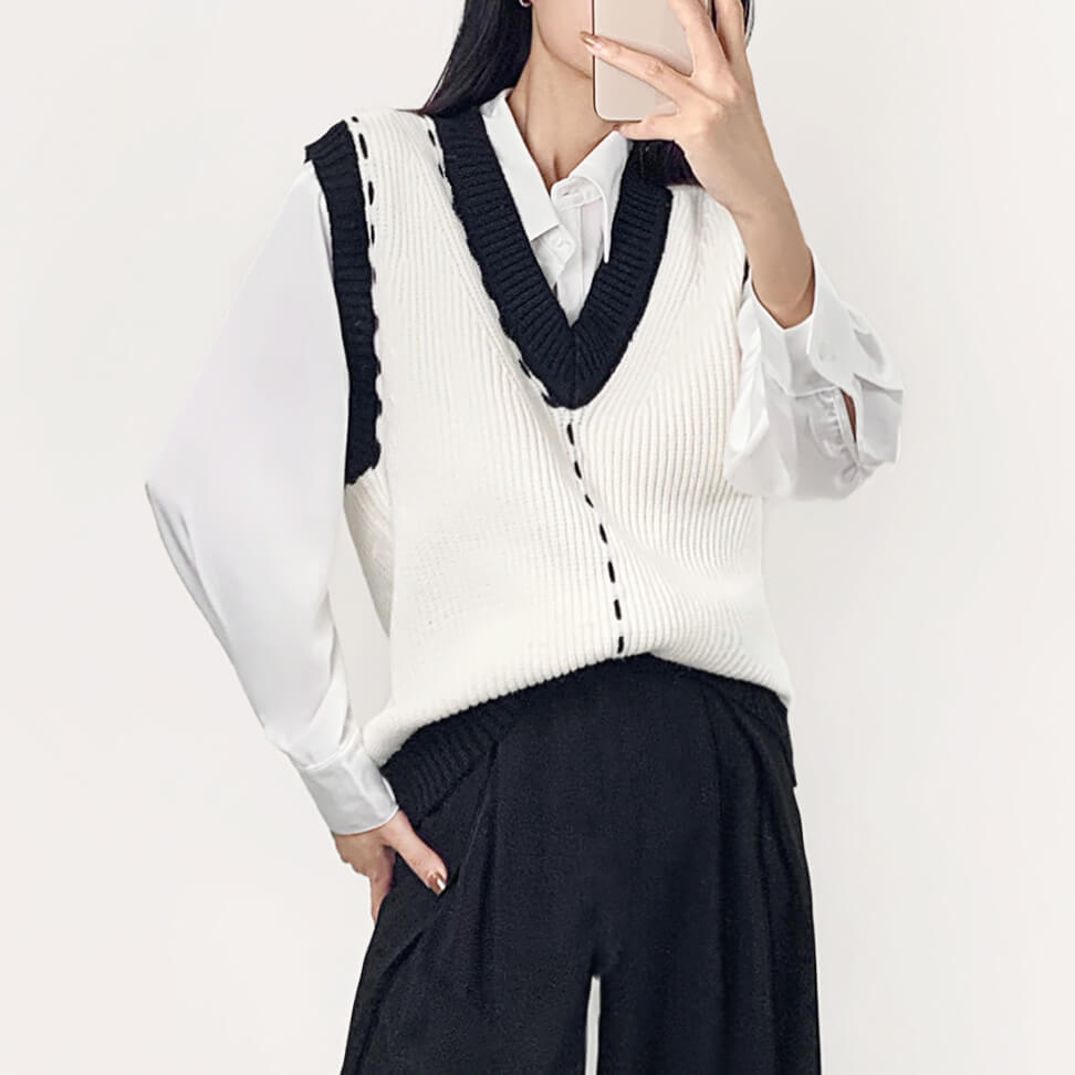 Ivory Color Block Contrast Stitch Ribbed Knit Sweater Vest