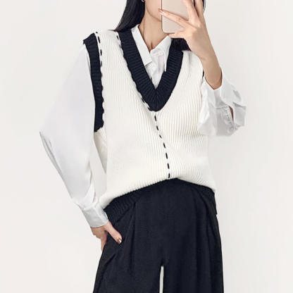 Ivory Color Block Contrast Stitch Ribbed Knit Sweater Vest