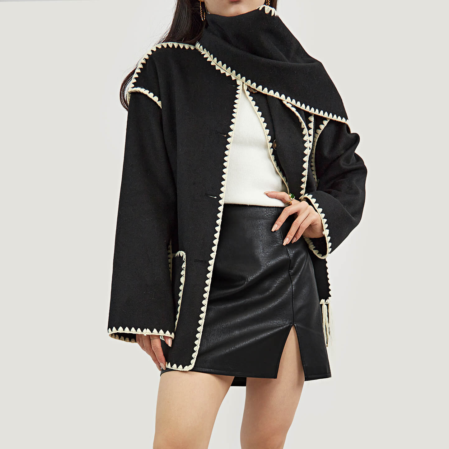 Black Contrast Drop Shoulder Wool-Blend Tweed Coat with Scarf