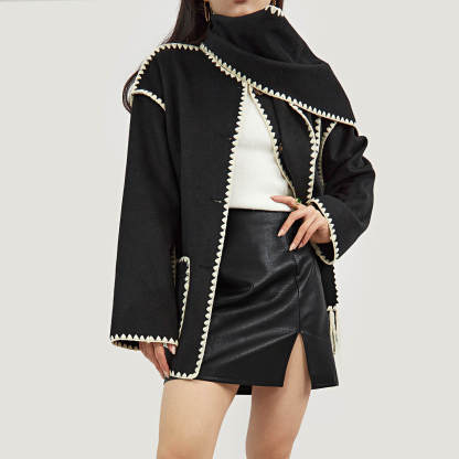 Black Contrast Drop Shoulder Wool-Blend Tweed Coat with Scarf
