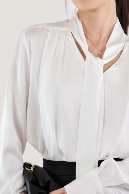 White Tie Neck Satin Blouse