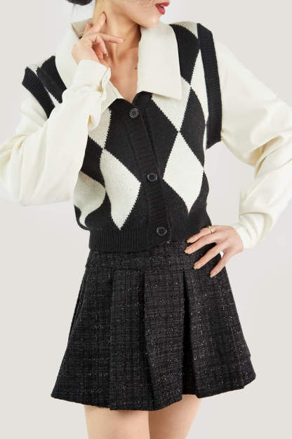 Black Diamond Layered Knit Cardigan Attached Vest