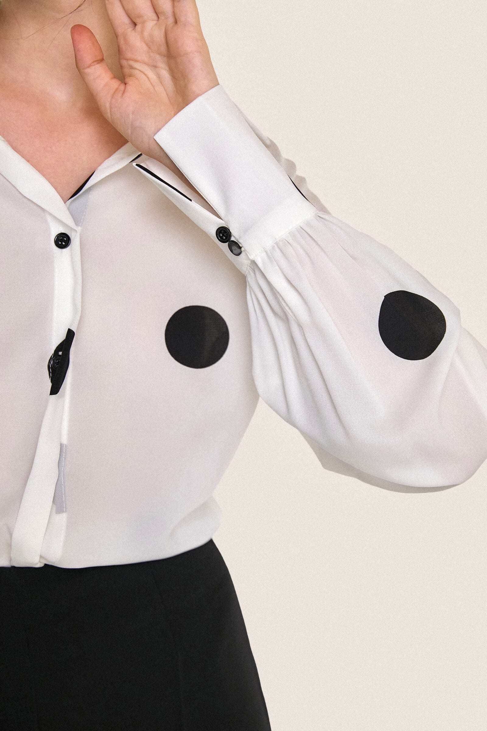 Ivory Polka Dot Balloon Sleeve Button-Up Chiffon Shirt