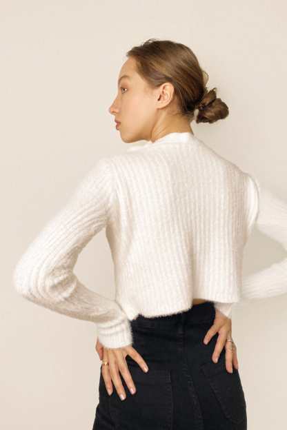 White Ruffle Trim Ribbed Knit Fitted Cardigan