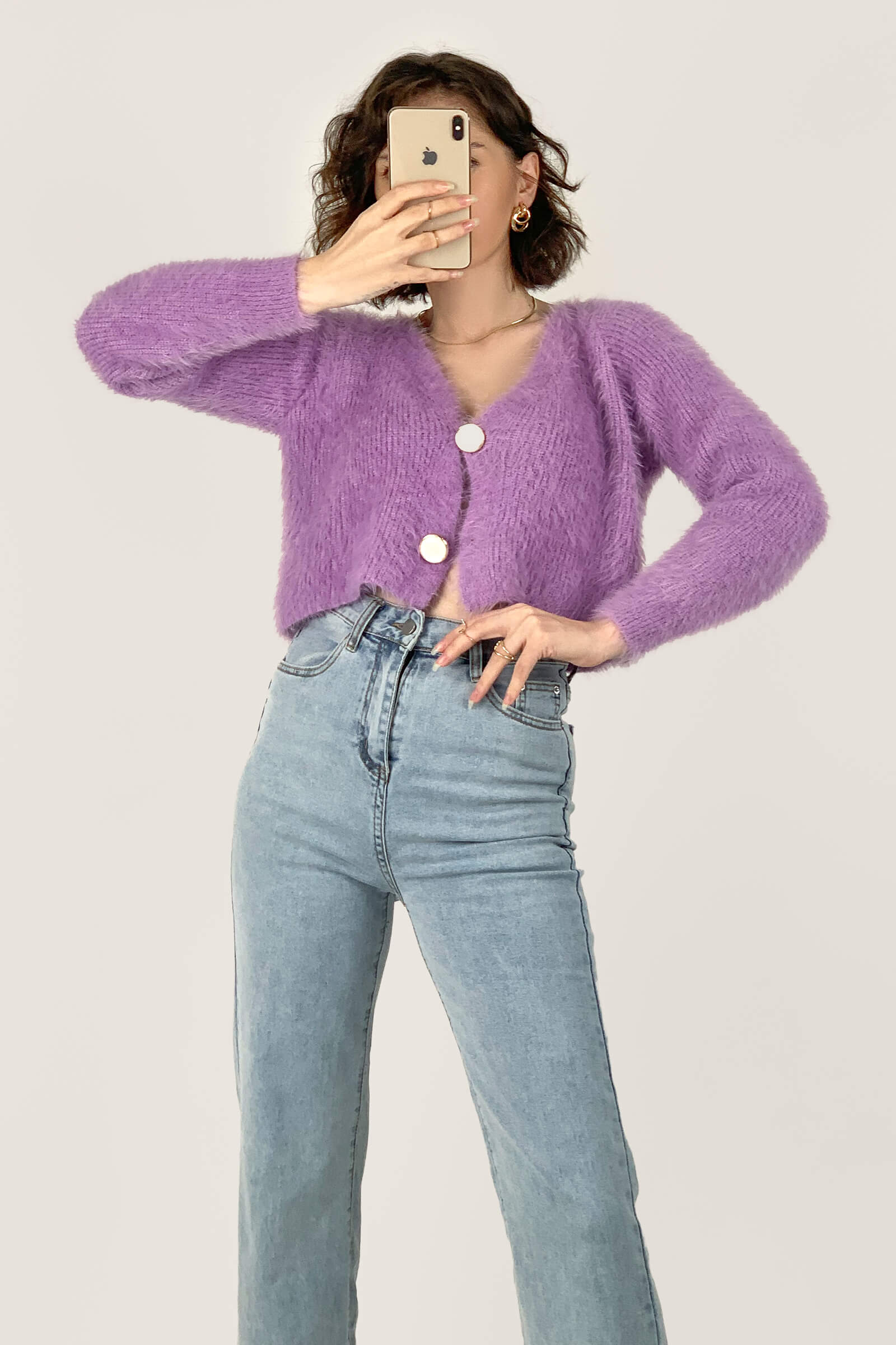 Orchid V-Neck Fuzzy Knit Cropped Cardigan