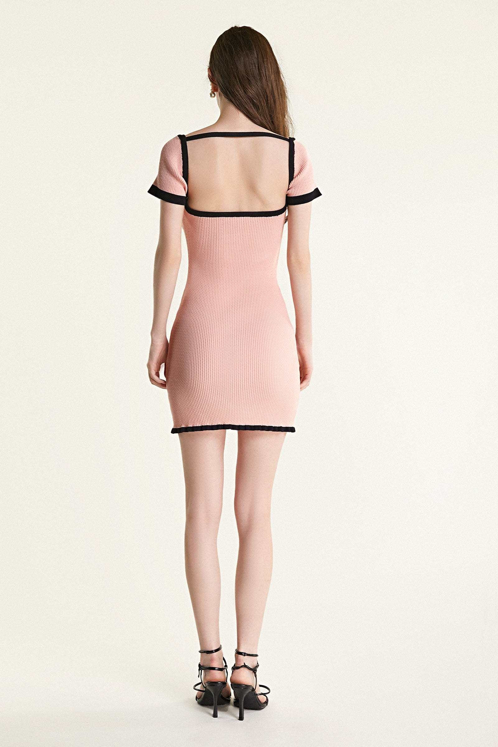 Pink Contrast Trim Bow Detail Rib-Knit Bodycon Mini Dress
