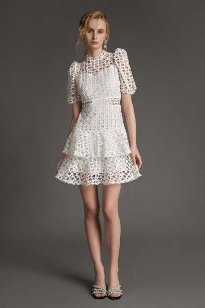 White Crochet Lace Pom Pom Tiered Mini Dress