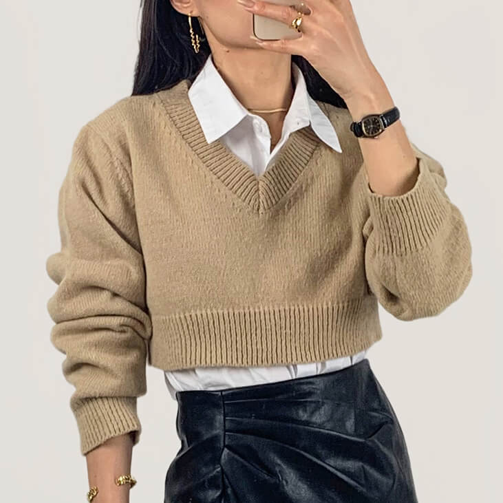 Tan V-Neck Ribbed Trim Cropped Sweater
