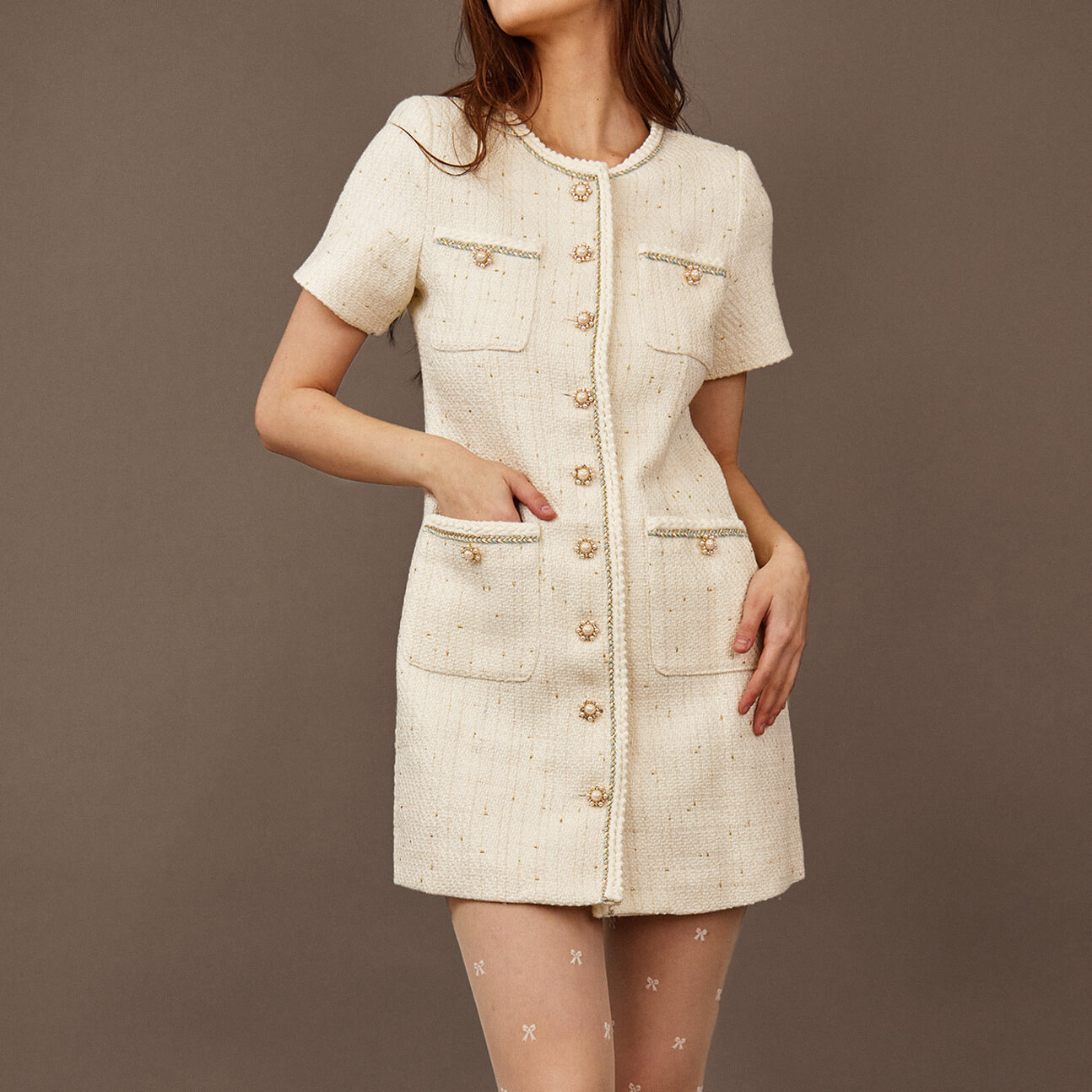 専用 MAISON Vol.1 Pearl Button Dress M White Faux Pearl Button Mini Dress-J.ING