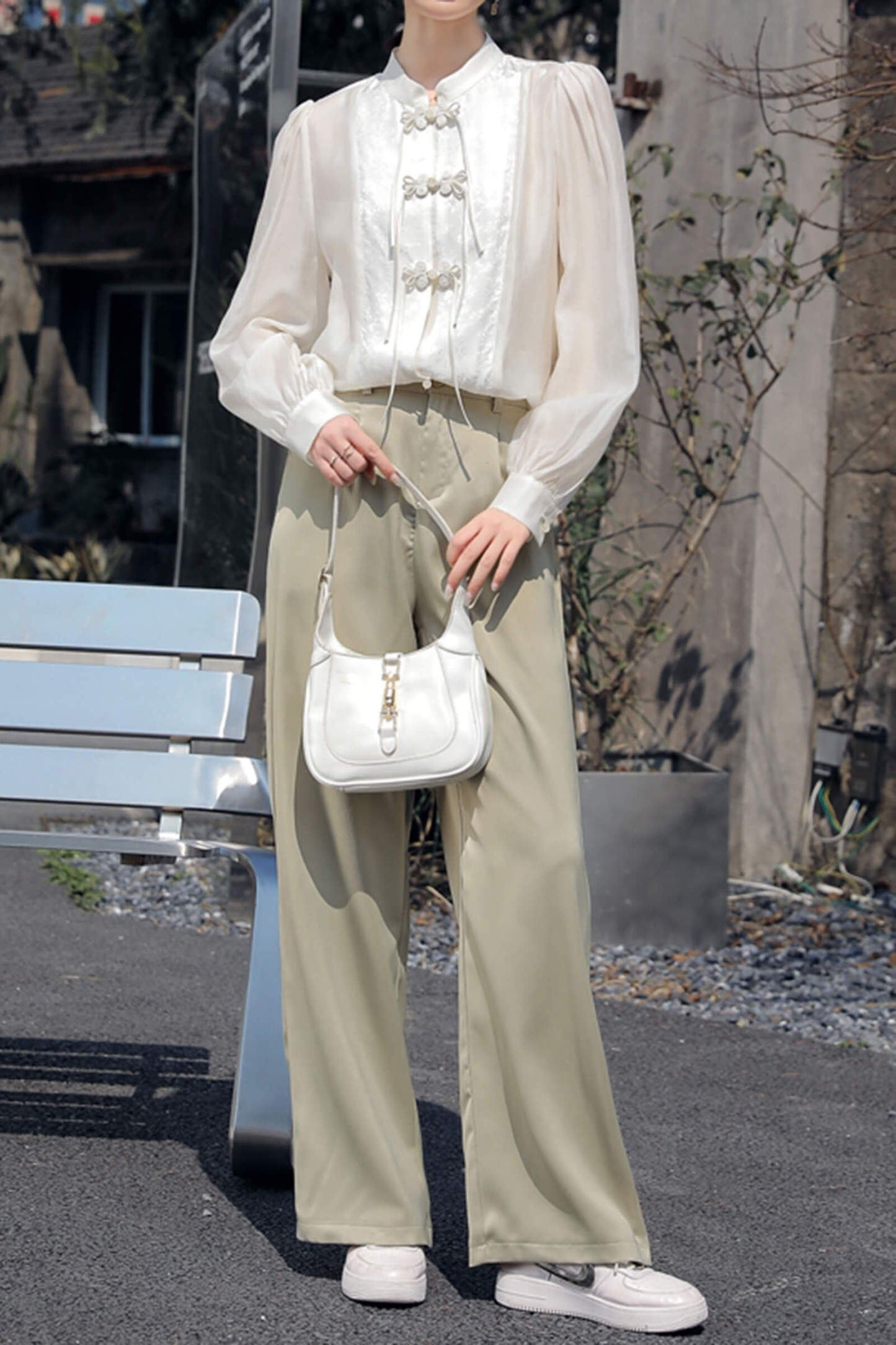 Beige Chinese Splice Buckle Shirt