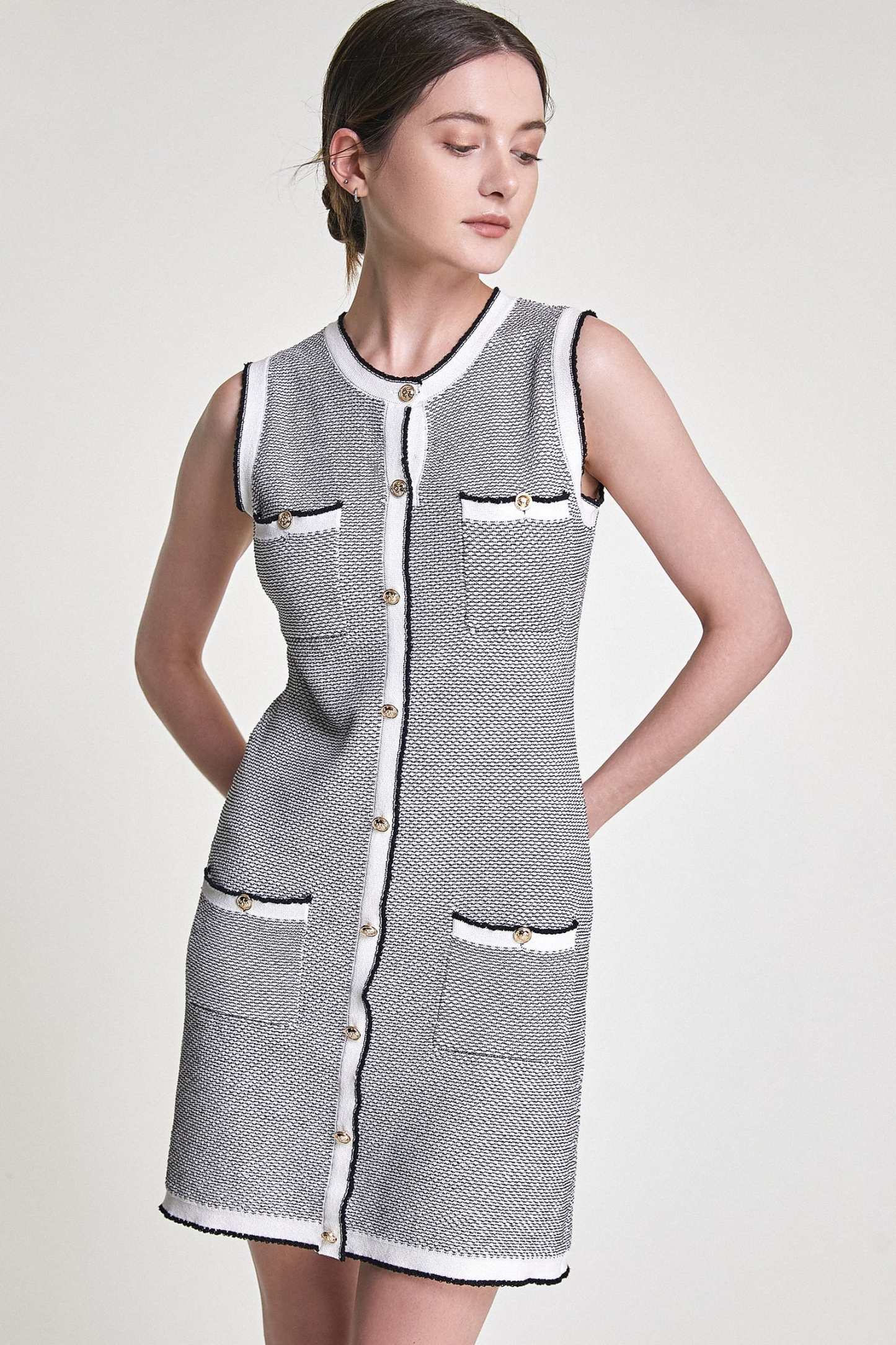Grey Sleeveless Button Front Pocket Detail Knitted Mini Dress