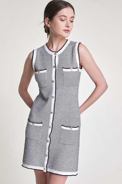 Grey Sleeveless Button Front Pocket Detail Knitted Mini Dress