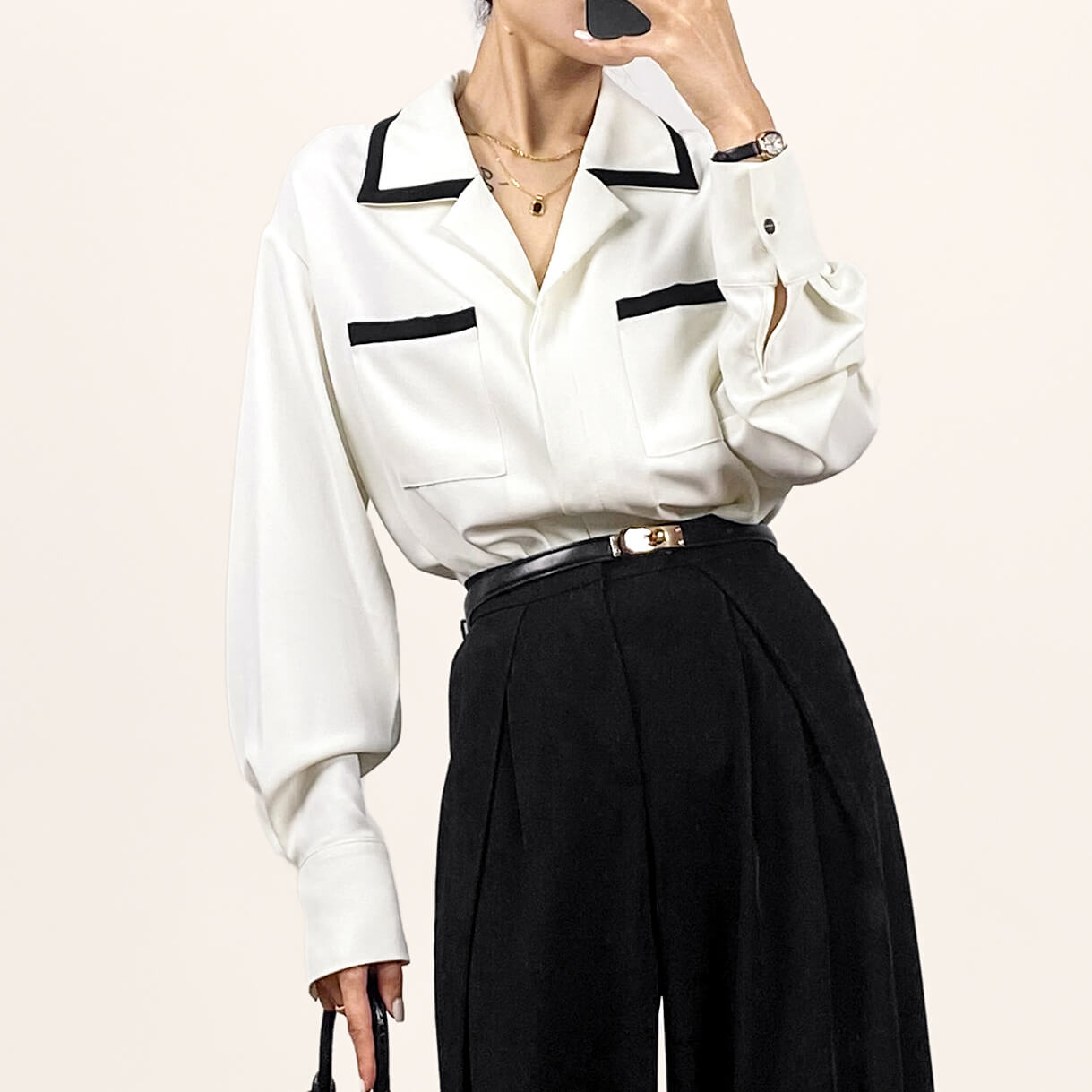 Contrast Trim Notched Lapels Button-Up Blouse