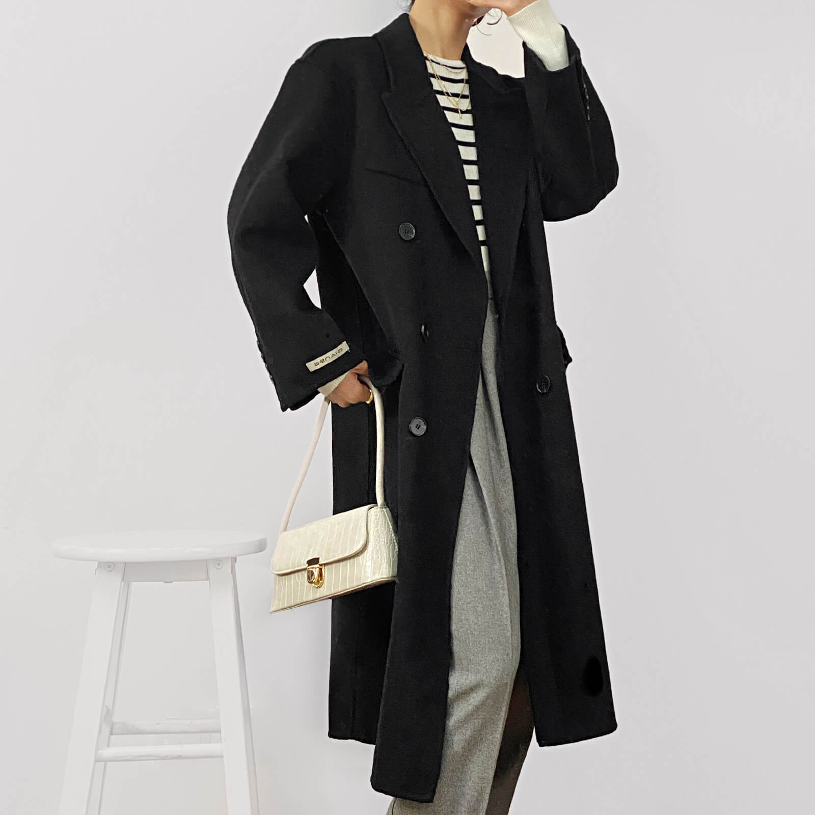 Black Premium Wool Double-Breasted Longline Coat
