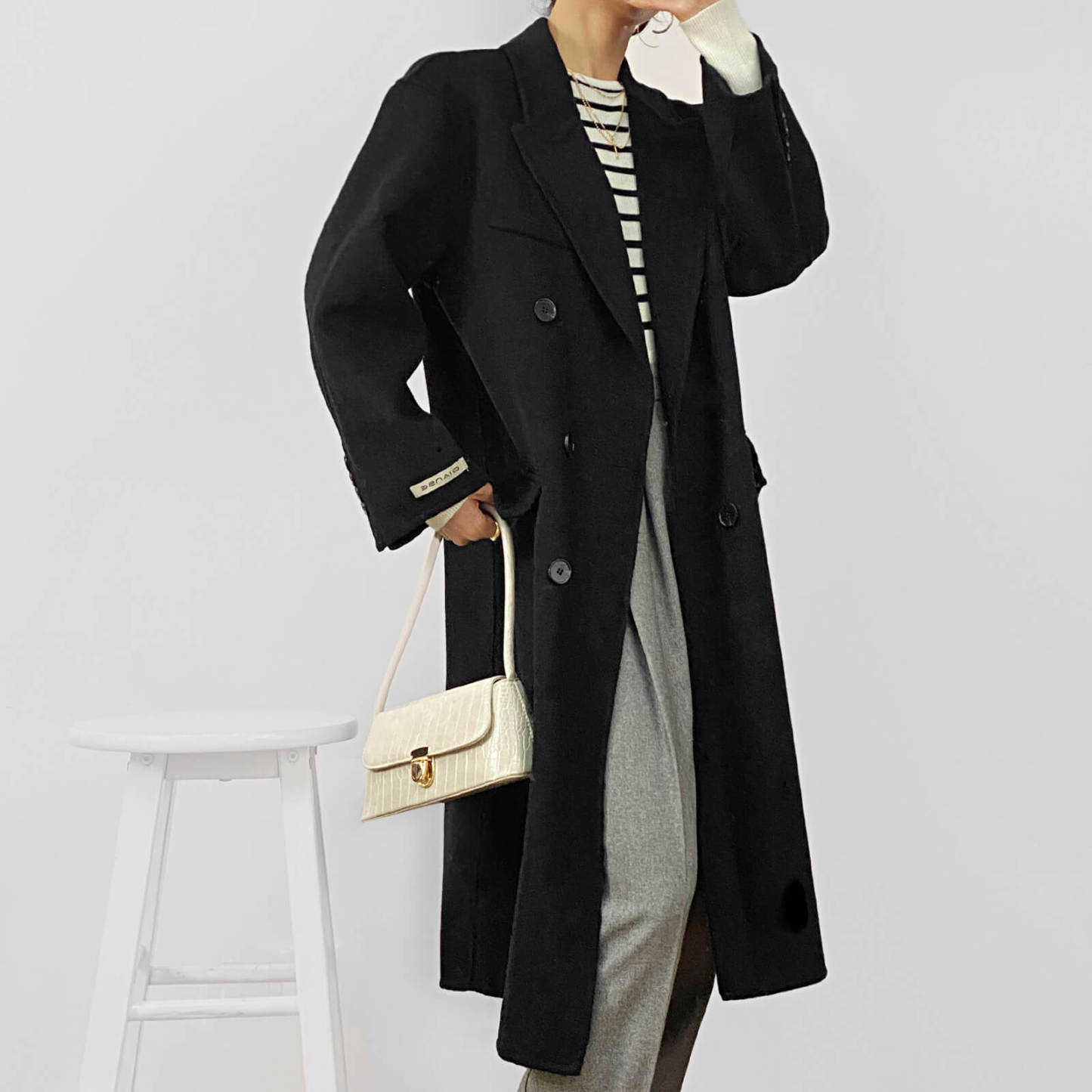 Black Premium Wool Double-Breasted Longline Coat