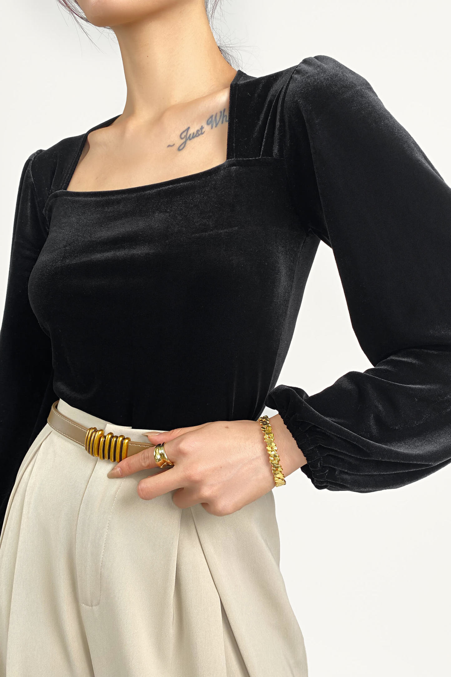 Black Velvet Balloon Sleeve Square Neck Blouse