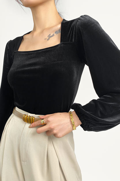 Black Velvet Balloon Sleeve Square Neck Blouse