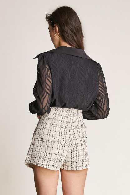 Black Pointed Collar Textured Mesh Shirt