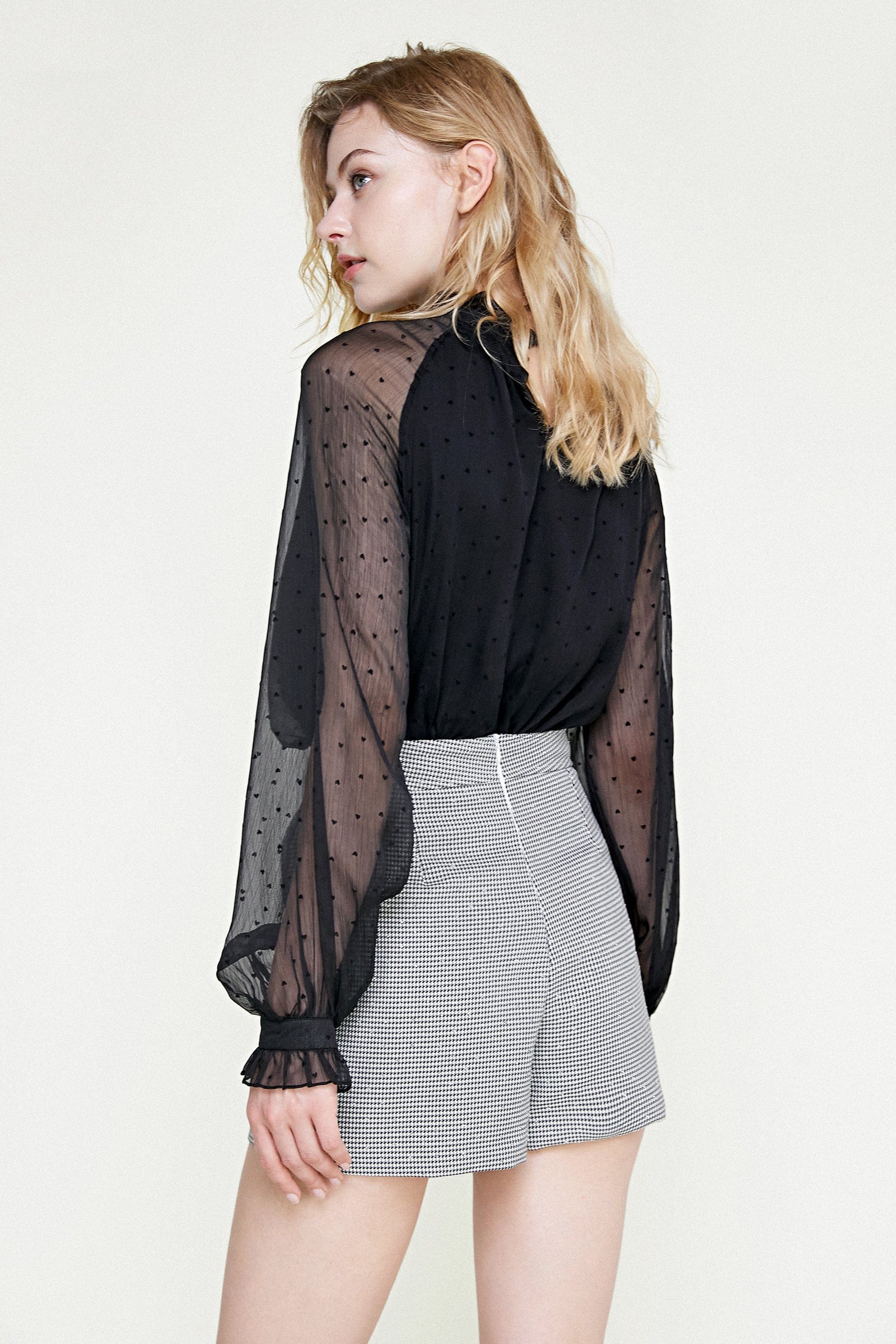 Black Polka Dot Mesh High Neck Blouse
