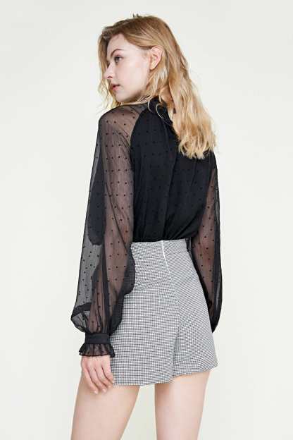 Black Polka Dot Mesh High Neck Blouse